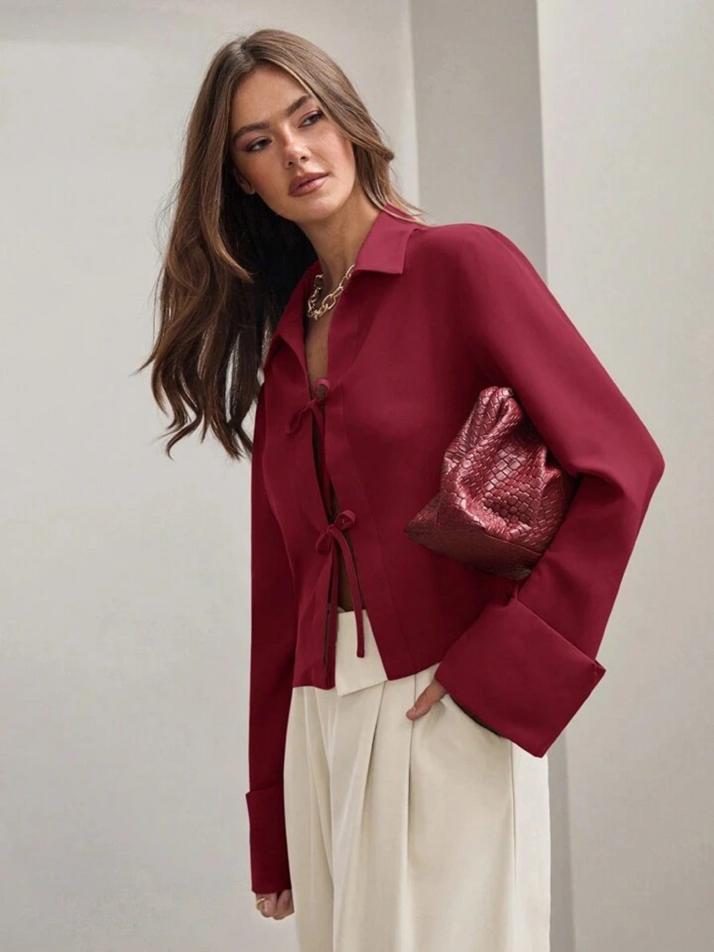 Women's Long Sleeve Bowknot Cardigan Lace-up Shirt