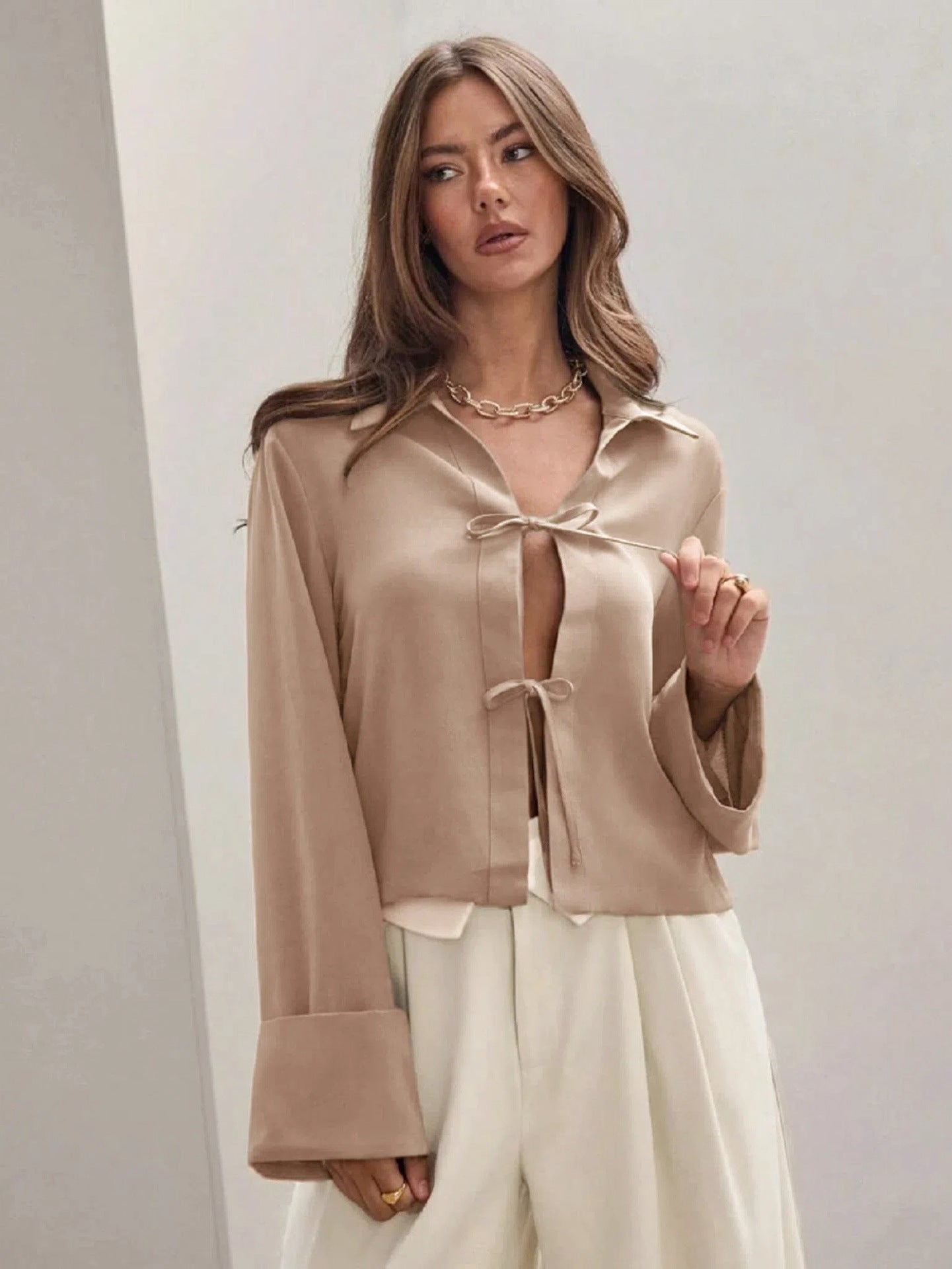 Women's Long Sleeve Bowknot Cardigan Lace-up Shirt