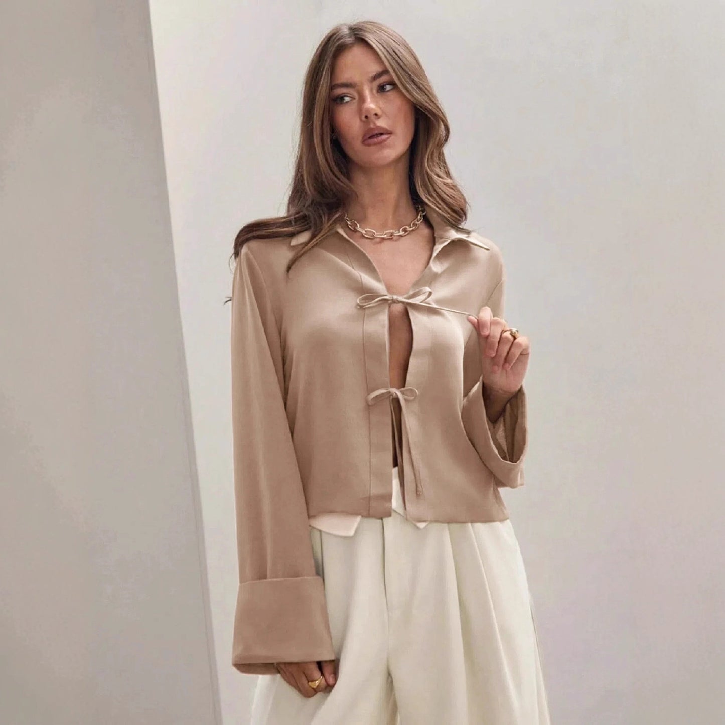 Women's Long Sleeve Bowknot Cardigan Lace-up Shirt