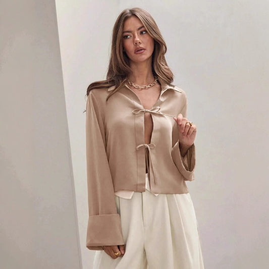 Women's Long Sleeve Bowknot Cardigan Lace-up Shirt